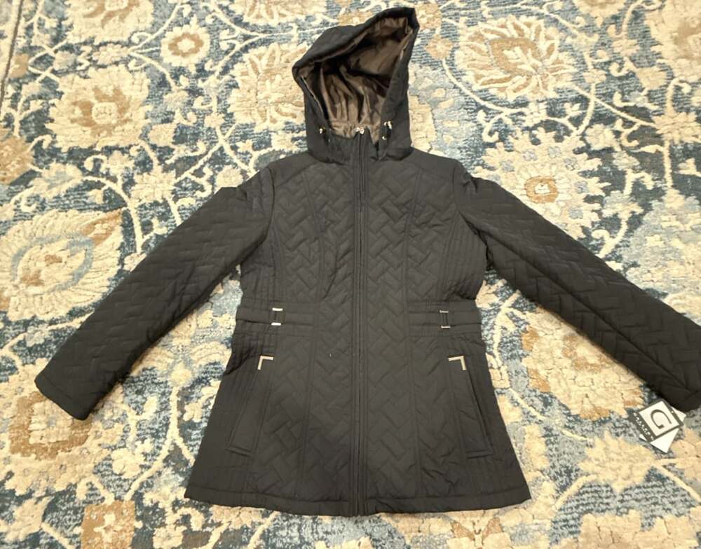 Gallery Quilted Jacket with Removable Hood Black New